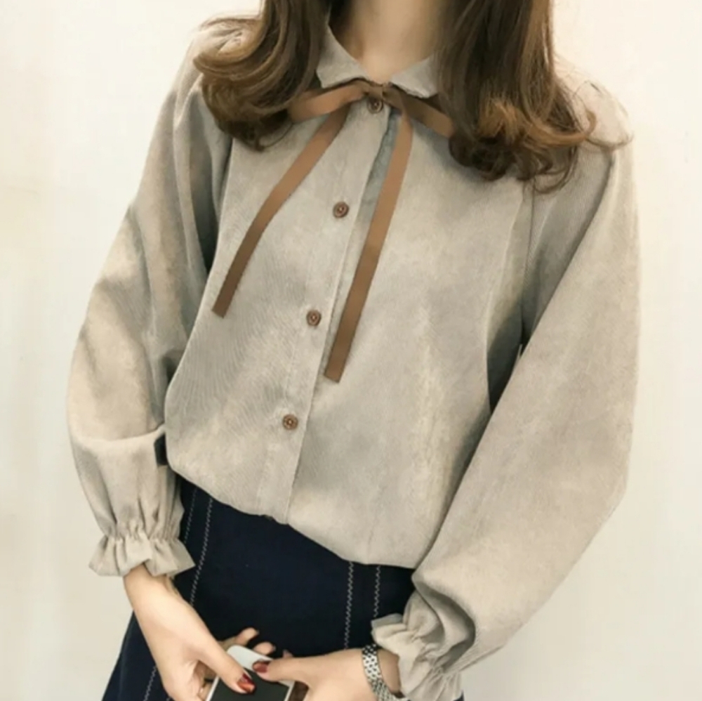 Fashion (Size XL) Taupe Corduroy Texture Button Tie Ribbon Hi-Lo Peasant Top
